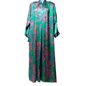 VTG Women SP Green Paisley Zip Front Robe Caftan Muumuu Glam Statement Mrs Roper